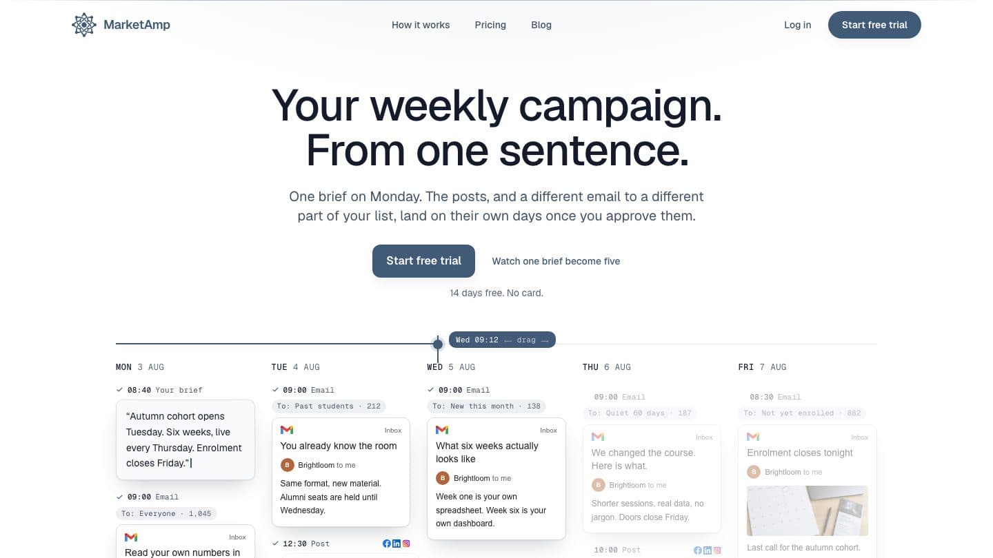 The marketamp.app homepage.